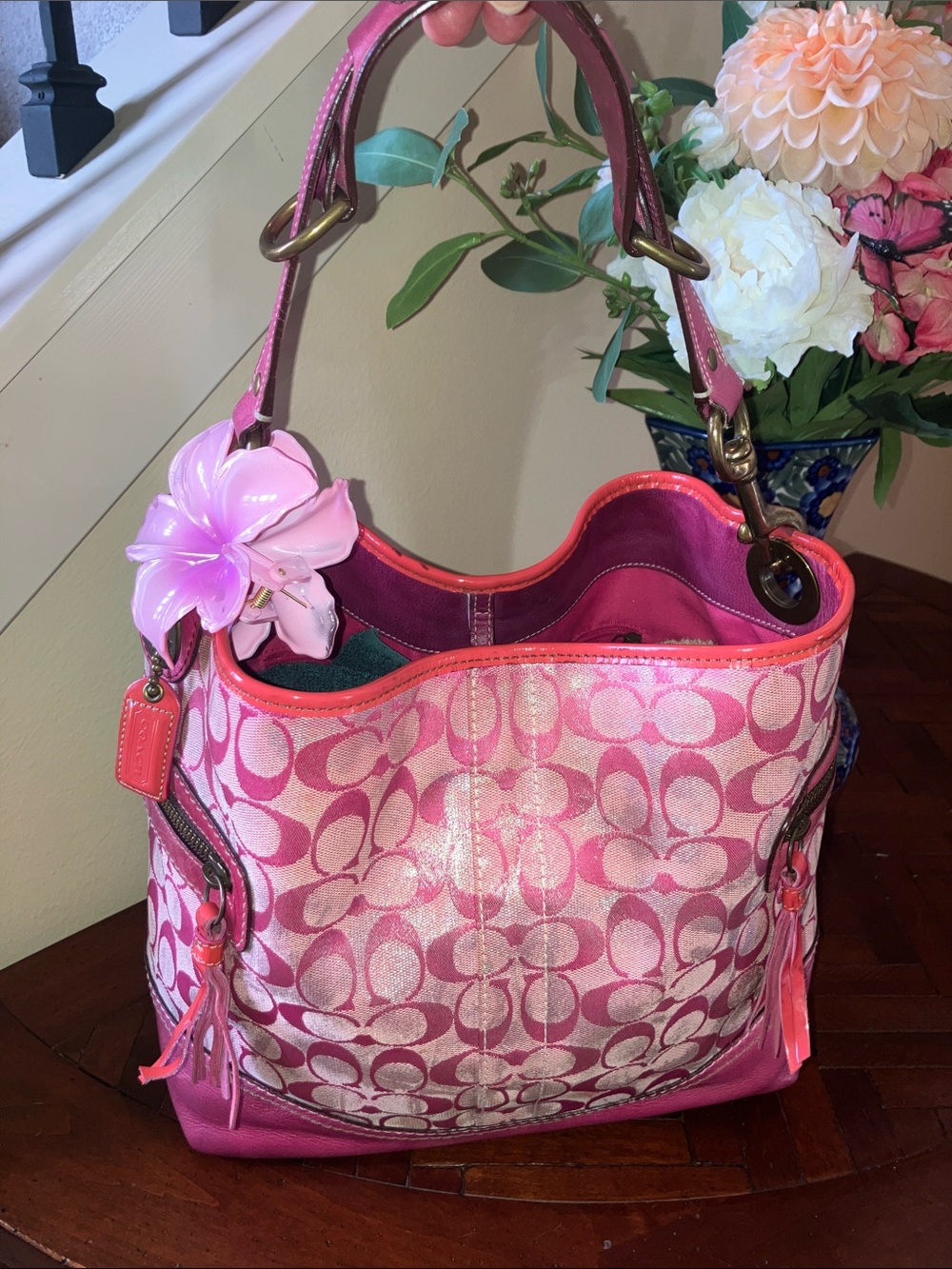 Coach Tie Dye 2005 distressed Pink metallic Signature C Y2K hobo bag - Picture 13 of 16